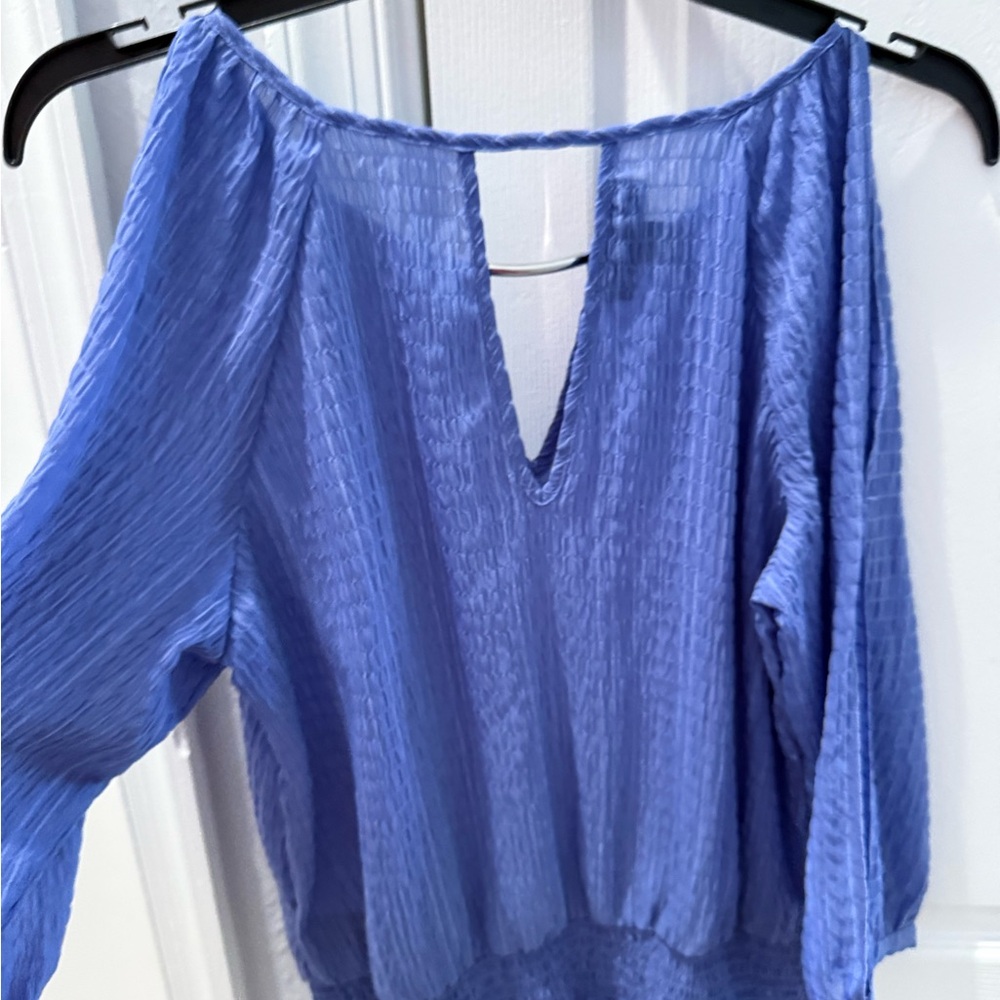BCX Textured Blue Blouse With Silver Neckline Accent Piece and PeekABoo Sleeves